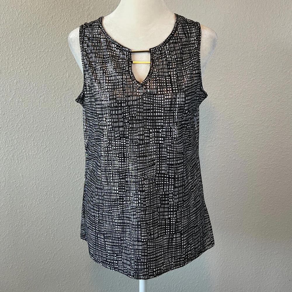 Emily Daniels Abstract Print Black/White Shimmer Sleeveless Blouse Size Small